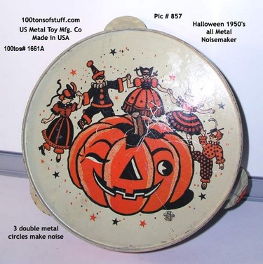 100tos#1661A Halloween Tin 1950s Tamborine Noisemaker Halloween Noisemaker 1950s