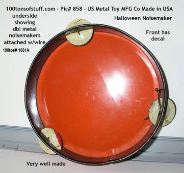 Back inside 100tos#1661A Halloween Tin 1950s Tamborine Noisemaker 1950's tin tamborine Halloween noisemaker round